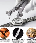 11 Piece Watch Spring Bar Tool Kit With Pliers Tweezers And 10 Tips disassembling a watch band on silver timepiece.