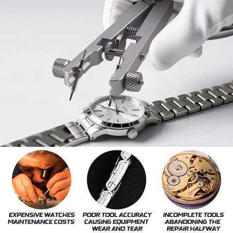 11 Piece Watch Spring Bar Tool Kit With Pliers Tweezers And 10 Tips disassembling a watch band on silver timepiece.