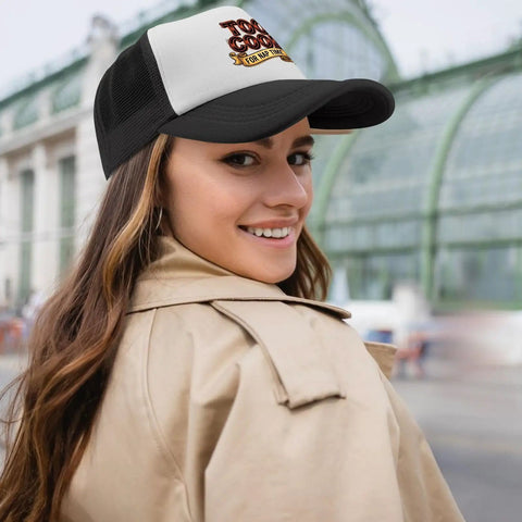 Breathable Mesh Trucker Cap For Men And Boys worn by woman, adjustable back buckle, lightweight all day comfort, casual style