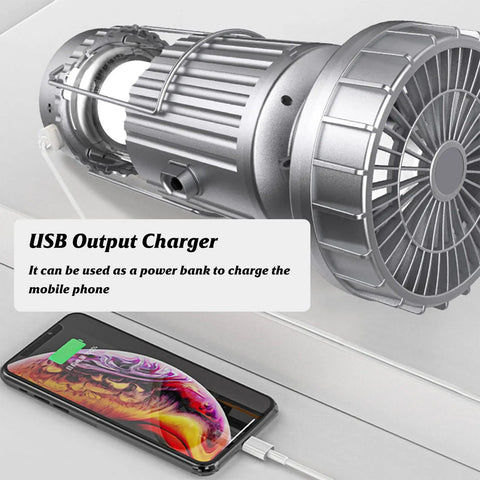 USB charging feature of Two Pack Solar Camping Lantern With Fan For Outdoors, Three Way Power Source Solar USB Rechargeable Or AA Battery Backup