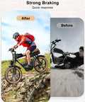 Before and after images showing 2 Pack E Bike Brake Pads For Q20 Mini Lite H20 Electric Bikes stopping smoothly on a trail.
