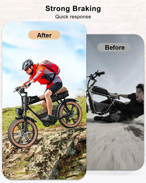 Before and after images showing 2 Pack E Bike Brake Pads For Q20 Mini Lite H20 Electric Bikes stopping smoothly on a trail.