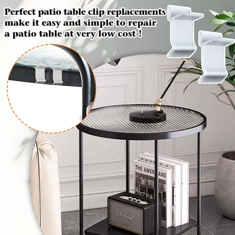16 Pack Table Rim Clips For Glass And Acrylic Tabletops Nylon White Clips securing a tabletop on a patio table
