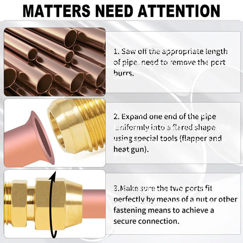 Brass Flare Tube Fittings Set Three Eighths Inch Male Flare To One Quarter Inch NPT Male Half Union Gas Adapters Six Pack versatile brass pipe fittings shown with copper tube connection steps