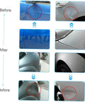 Auto Dent Repair Puller Kit With 18 Removal Tabs And Gaskets showing before and after dent repair on blue and silver cars