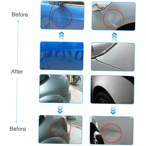 Auto Dent Repair Puller Kit With 18 Removal Tabs And Gaskets showing before and after dent repair on blue and silver cars