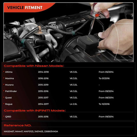 Four Pin Mass Air Flow Sensor For Nissan Altima 2014-2018, Rogue 2014-2017, Murano 2015-2019 installed in vehicle engine
