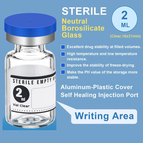 2 ml sterile glass vial with blue cap and white label, empty vial