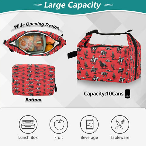 Cowboy Themed Lunch Bag For Women And Men, large red insulated tote with wide opening and 10-can capacity, leakproof design