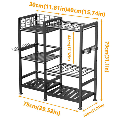 Heavy Duty Garden Tool Organizer Rack With Slick Storage Hooks And Multi Shelf Design For Garage Yard Shed Or Workshop dimensions labeled