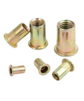 Jinhxofs Carbon Steel Flat Head Threaded Rivet Nut Insert Assortment Metric Cap Set With 150 Pieces, showing various sizes of flat head threaded inserts.