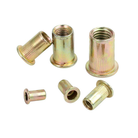 Jinhxofs Carbon Steel Flat Head Threaded Rivet Nut Insert Assortment Metric Cap Set With 150 Pieces, showing various sizes of flat head threaded inserts.
