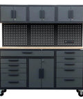 Front view of a 72 Inch Rolling Tool Chest On Wheels With 11 Drawers, 3 Top Cabinets, 2 Door Cabinet, Pegboard and Power Strip.