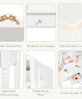 Kids Vanity Table Set With Gold Bow for Little Girls featuring scalloped edges, trifold mirror, solid wood legs, and storage space.