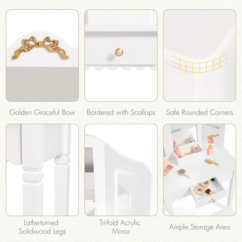Kids Vanity Table Set With Gold Bow for Little Girls featuring scalloped edges, trifold mirror, solid wood legs, and storage space.