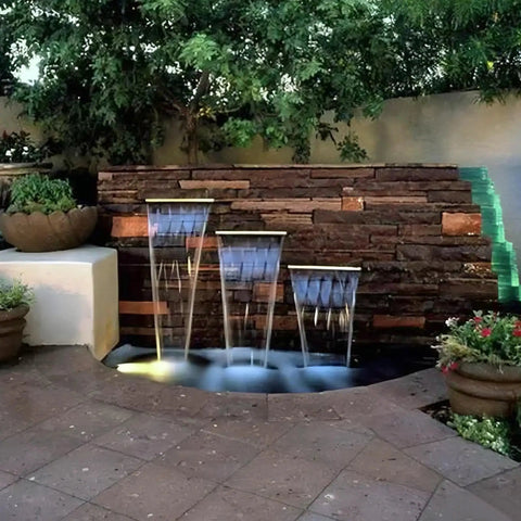 Backyard setup of All In One Pond Waterfall Kit With LED Lights 8 Inch Stainless Steel Spillway 660 GPH Pump Outdoor Fountain.