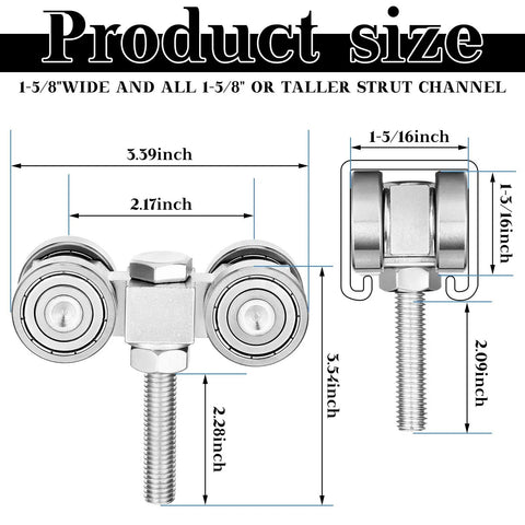 Heavy Duty Track Roller Wheels Trolley Assembly With Silent Welded Rollers And M10 Bolts For 1-5/8 Inch Wide Strut Channel dimensions