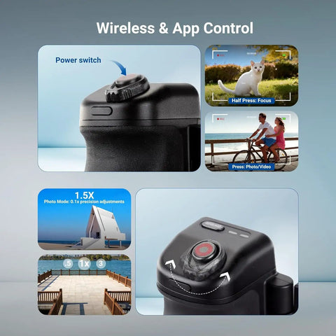 MagSafe Compatible Phone Grip With Wireless Charging And 3500mAh Battery, focus on power switch and app control features.