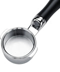Badass All Stainless Steel Unibody Bottomless Portafilter With Integrated High Extraction Basket for Breville espresso machine viewed from top.