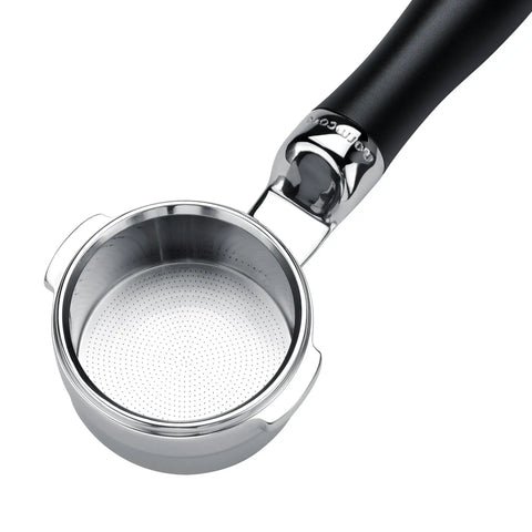Badass All Stainless Steel Unibody Bottomless Portafilter With Integrated High Extraction Basket for Breville espresso machine viewed from top.