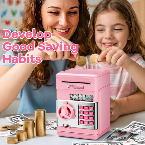 Electronic Piggy Bank For Girls With 4 Digit Password Lock ATM Style Money Safe For Kids Perfect Birthday Gift in use