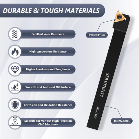 Indexable Lathe Turning Tools Set With Three Eighths Inch And Ten Millimeter Shanks Seven Tool Holders And Fourteen Carbide Inserts For Turning Grooving Threading Boring And Cutting Includes Eight Wrenches showing tool holder durability features