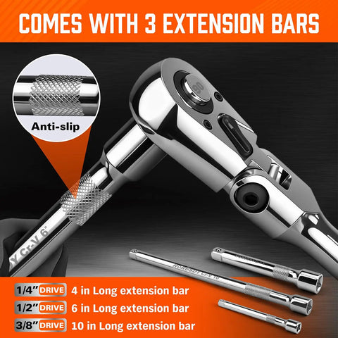 10 Piece Flex Head Ratchet Set With 1/4, 3/8, And 1/2 Inch Drives, 90 Tooth Quick Release, showing extension bars