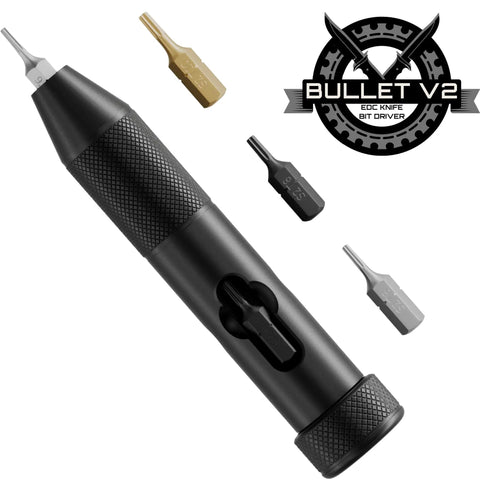 Bullet V2 Multi Use Bit Driver For EDC With S2 Steel Torx Bits T6 T8 And T10 shown with black handle and logo