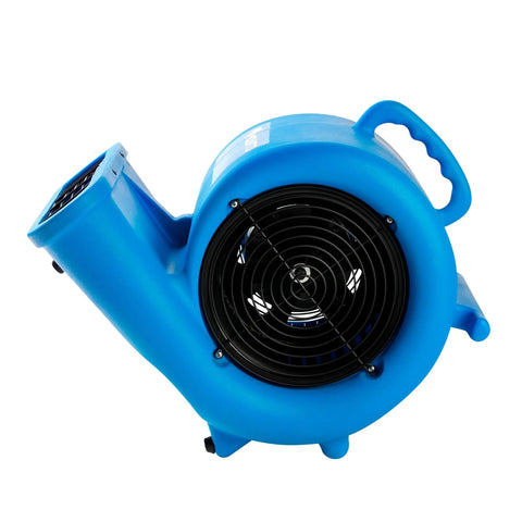 Blue Beefed Up Heavy Duty One Third HP 2000 CFM Air Mover for water damage restoration, side view showing handle and air outlet.