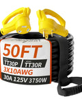 50 Foot 30 Amp RV Extension Cord With Grip Handle Beefy Heavy Duty 10 Gauge 3 Wire STW Waterproof Outdoor Power Cable From TT30P To TT30R Cord Organizer ETL Listed Black Yellow. Visible product label highlighting 50ft length and 30A rating.