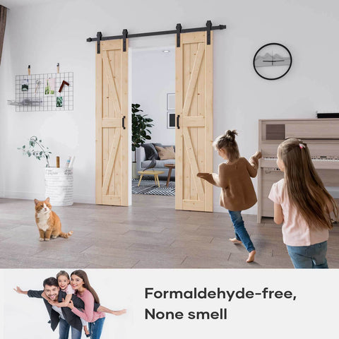 36 By 84 Inch Double Sliding Solid Wood Barn Door With 6.6 Foot Hardware Kit And Handle Included DIY Assembly Easy Install