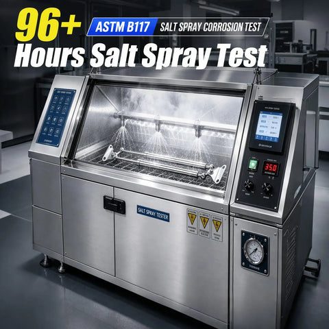 ASTM B117 salt spray corrosion tester with stainless steel finish, showcasing water spray function for tests.