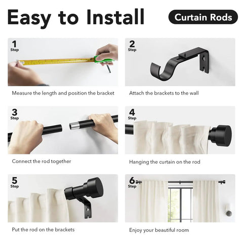 Heavy Duty Black Curtain Rod For Windows 66 To 120 Inches, 1 Inch Diameter, adjustable installation steps illustration