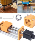 Heavy Duty Metal Linear Stage Actuator With 85mm Stroke Stepping Motor For CNC Z Axis Precision Sliding Table Ball Screw Setup Dead Nuts Accurate T8 Lock Nut For Reliable Spindle Mounting showing actuator details and tools.