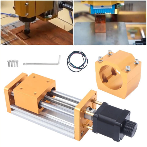 Heavy Duty Metal Linear Stage Actuator With 85mm Stroke Stepping Motor For CNC Z Axis Precision Sliding Table Ball Screw Setup Dead Nuts Accurate T8 Lock Nut For Reliable Spindle Mounting showing actuator details and tools.