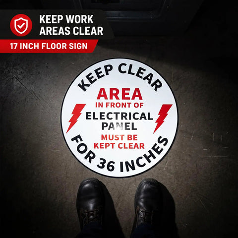 17 inch anti slip floor sticker marking keep clear area in front of electrical panel for safety in factory and warehouse.