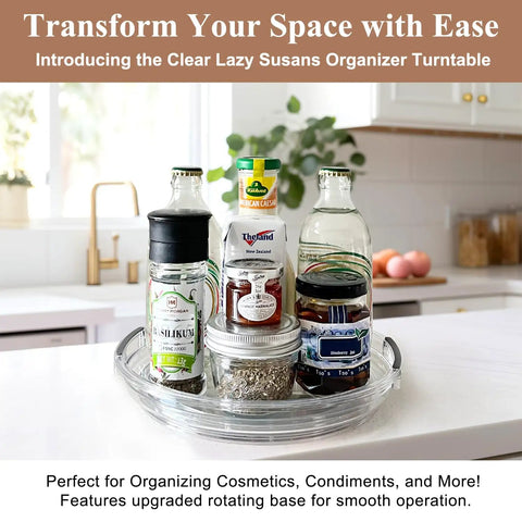 Four Pack Clear Acrylic Lazy Susan Turntable Slick Spin Pantry Organizer For Kitchen Cabinet Spice Rack Vanity Makeup Storage Handles Everyday Clutter Without Any Sweat Or Fuss with various bottles on a kitchen counter.