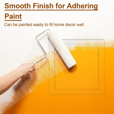 Person painting a wall with roller above Built Tough Drywall Access Panel 10 By 10 Inch Plastic Wall Hole Cover.