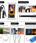 Emergency survival kit, 151-piece black outdoor gear set featuring paracord bracelet with compass and flashlight.