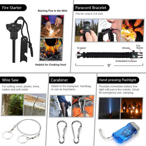 Emergency survival kit, 151-piece black outdoor gear set featuring paracord bracelet with compass and flashlight.
