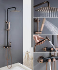 Top Shelf Wall Mounted Rain Shower Combo Set With Smooth Handheld Sprayer And Bathtub Faucet Featuring Sleek Rose Gold And Matte Black Finish, showcasing rainfall head and handheld sprayer.