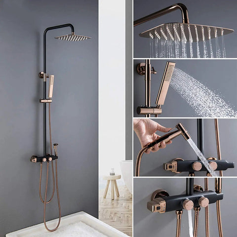 Top Shelf Wall Mounted Rain Shower Combo Set With Smooth Handheld Sprayer And Bathtub Faucet Featuring Sleek Rose Gold And Matte Black Finish, showcasing rainfall head and handheld sprayer.