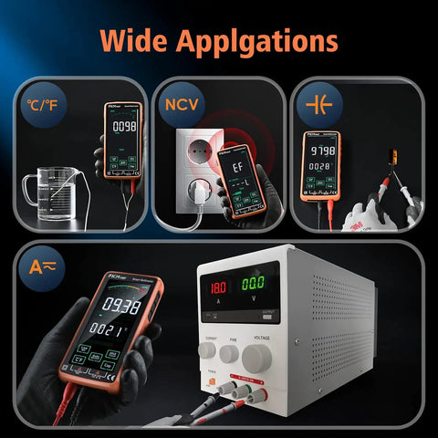 Compact Digital Multimeter Tester With 5 Inch Touch Screen Auto Ranging TRMS 6000 Counts displayed in various measurement scenarios