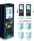 Handy Laser Distance Measure With Backlit LCD And Bubble Levels Enhanced Bright 393 Ft Range Fast 0.5 Second Readouts High Accuracy Plus Red And Green Beam Options Stores 30 History Records For Quick Project Tracking front view with unit conversion display