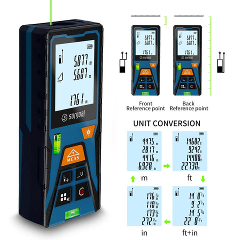 Handy Laser Distance Measure With Backlit LCD And Bubble Levels Enhanced Bright 393 Ft Range Fast 0.5 Second Readouts High Accuracy Plus Red And Green Beam Options Stores 30 History Records For Quick Project Tracking front view with unit conversion display