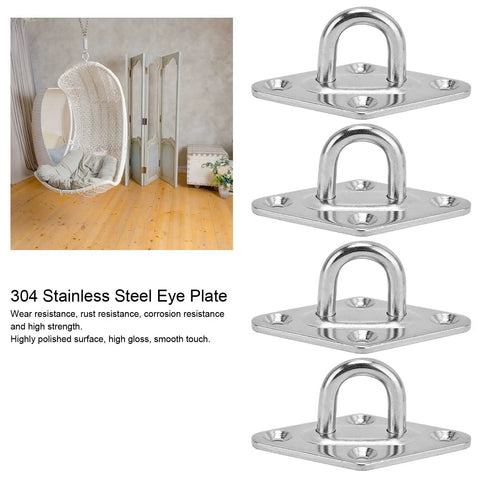 4 Pack Stainless Steel Pad Eye Hooks Set for heavy duty ceiling mounts and wall hangers, featuring shiny metal plates.