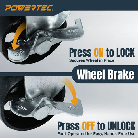 Close-up of dual locking brakes on Beefy 3 Inch Cast Iron Swivel Caster Wheels Set Of 4 with instructions on locking and unlocking.