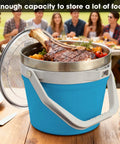 Rock Solid 7 Liter Insulated Ice Bucket With Handy Bottle Opener Double Wall Vacuum Stainless Steel Drink Cooler Holds Six Longnecks Or Three Wine Bottles For Backyard Bashes And Chill Gatherings Blue with food and grill items, at outdoor gathering.
