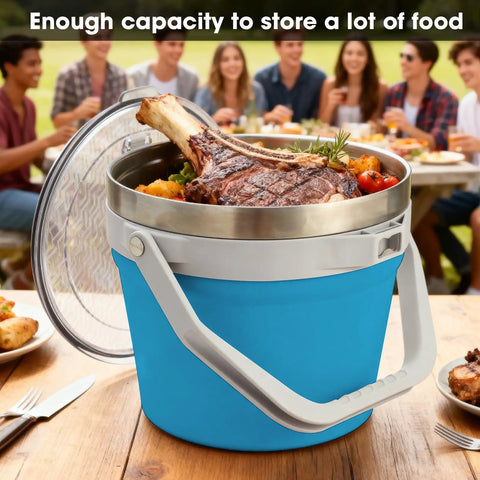 Rock Solid 7 Liter Insulated Ice Bucket With Handy Bottle Opener Double Wall Vacuum Stainless Steel Drink Cooler Holds Six Longnecks Or Three Wine Bottles For Backyard Bashes And Chill Gatherings Blue with food and grill items, at outdoor gathering.