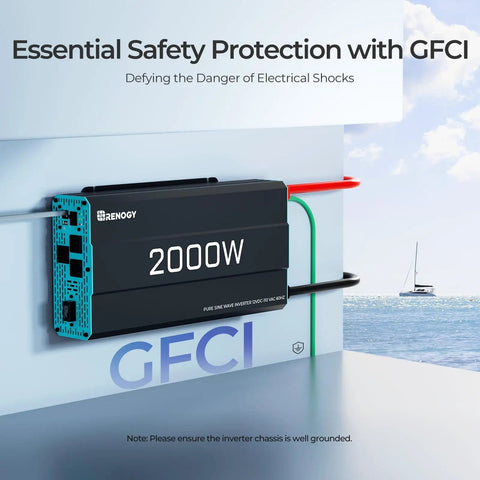 2000W Pure Sine Wave Inverter 12V DC To 110V AC For Off Grid Solar RV Truck And Home Use mounted on wall with GFCI
